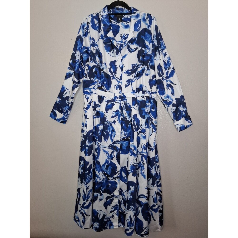 DKNY Size 16 Shirtdress Blue White Floral Long Sleeve Pockets Pleated Midi